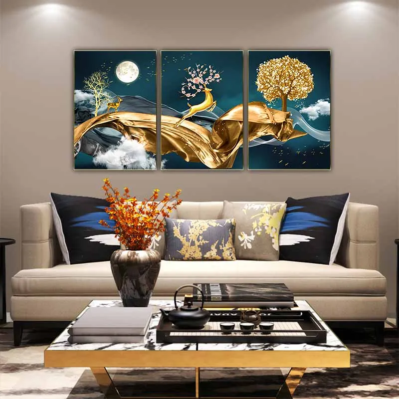 Tranh trừu tượng hiện đại đàn nai và cây lá vàng