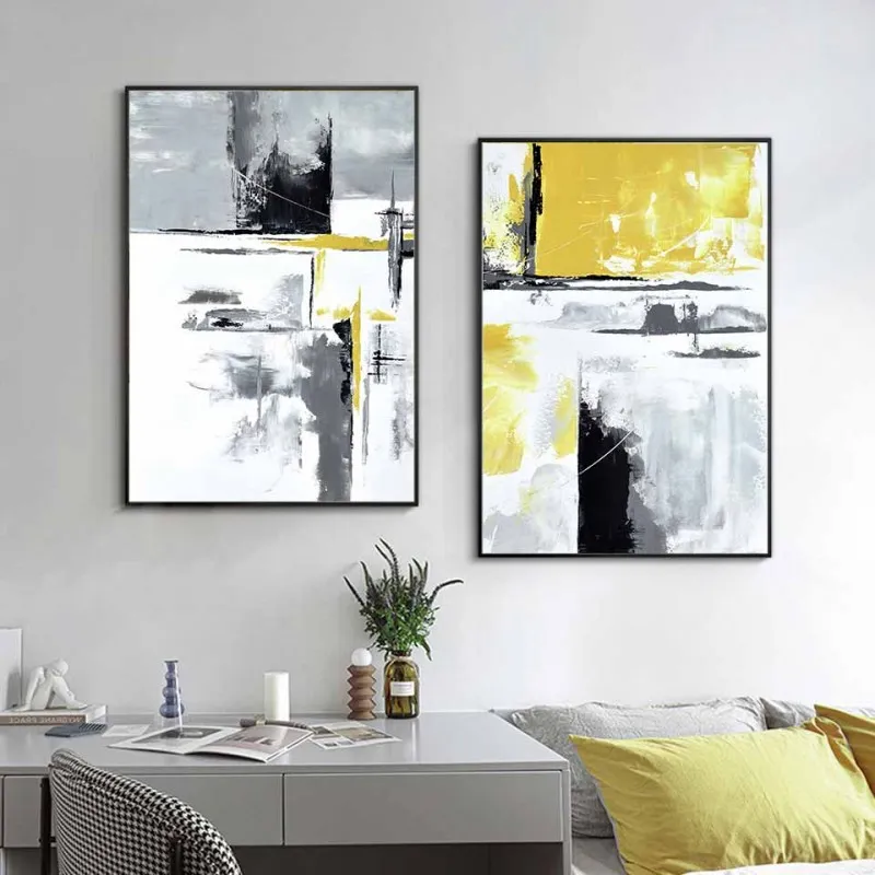 Tranh canvas trừu tượng trắng đen vàng
