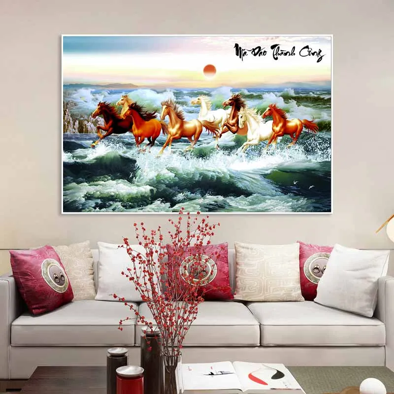 Tranh phong thủy bát mã, mã đáo thành công, tám con ngựa chạy trên bãi biển
