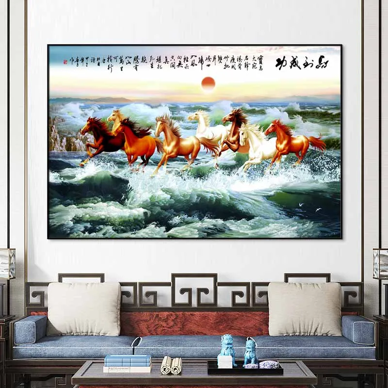 Tranh phong thủy bát mã, mã đáo thành công, tám con ngựa chạy trên bãi biển