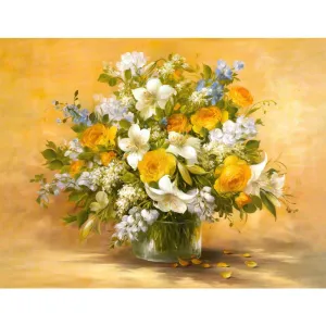 Tranh Canvas Tĩnh Vật Bình Hoa Hồng Vàng Và Ly Trắng Nghệ Thuật