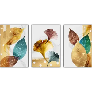 Tranh Canvas Bộ 3 Tấm Nghệ Thuật Trừu Tượng Lá Cây Và Lá Rẻ Quạt Vàng Kim Hiện Đại