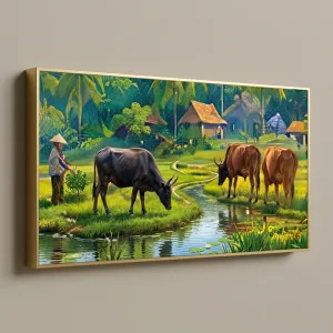 Tranh Canvas Làng Quê Việt Nam - Cảnh Đồng Quê Chăn Trâu Bên Dòng Suối