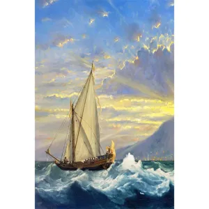 Tranh Canvas Phong Cảnh Biển Thuyền Buồm Vượt Sóng Đón Bình Minh Đẹp Nghệ Thuật