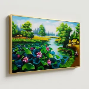 Tranh Canvas Phong Cảnh Làng Quê Việt Nam Và Đầm Sen Bình Yên