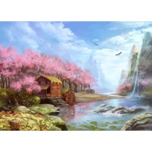 Tranh Canvas Phong Cảnh Mùa Xuân Hoa Anh Đào Và Thác Nước Thơ Mộng