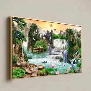 Tranh Canvas Sơn Thủy Hữu Tình Tài Lộc - Thác Nước Và Chim Hạc Phong Thủy