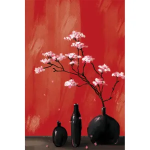 Tranh Canvas Tĩnh Vật Bình Hoa Đào Nền Đỏ May Mắn