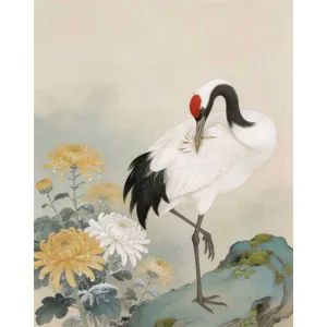 Tranh Canvas Phong Thủy Chim Hạc Và Hoa Cúc Đọng Sương Mai