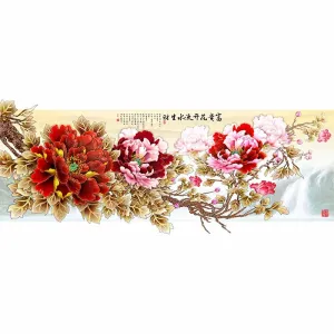 Bộ Tranh Canvas 3 Tấm Hoa Mẫu Đơn Đỏ Thác Nước Phong Thủy Phú Quý