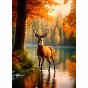 Tranh In Canvas Phong Cảnh Hươu Vàng Bên Hồ Rừng Thu Bình Yên