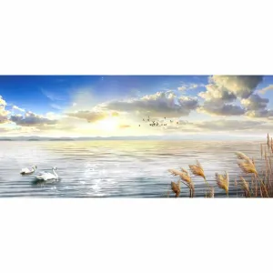 Tranh In Canvas Phong Cảnh Đôi Thiên Nga Trắng Dưới Ánh Bình Minh Trên Hồ Nước