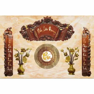 Tranh Canvas Phòng Thờ Hoành Phi Câu Đối 3D "Đức Lưu Quang" Cùng Hoa Sen Vàng
