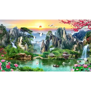 Tranh Sơn Thủy Hữu Tình Phong Thủy – Tranh Treo Tường Chim Hạc, Thác Nước Và Hoa Mẫu Đơn Đẹp