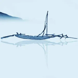 Tranh Canvas Phong Cảnh Thuyền Và Núi Sương Mù Thủy Mặc Màu Xanh Dương