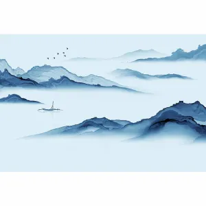 Tranh Canvas Phong Cảnh Thuyền Và Núi Sương Mù Thủy Mặc Màu Xanh Dương