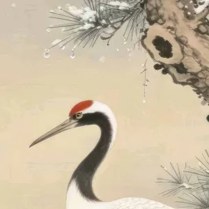 Tranh Canvas Phong Thủy Tùng Hạc Diên Niên Dưới Tuyết Trắng