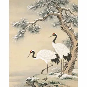 Tranh Canvas Phong Thủy Tùng Hạc Diên Niên Dưới Tuyết Trắng