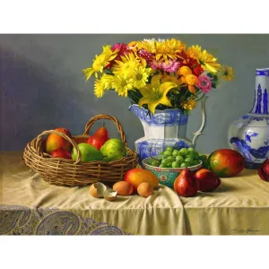 Tranh Tĩnh Vật In Canvas Giỏ Hoa Quả Và Bình Hoa Cúc Trang Trí Cổ Điển