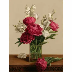 Tranh Canvas Tĩnh Vật Bình Hoa Mẫu Đơn Đỏ Cổ Điển Nghệ Thuật