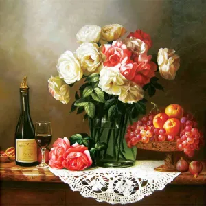 Tranh Tĩnh Vật Hoa Hồng, Rượu Vang Và Trái Cây Phong Cách Cổ Điển In Canvas