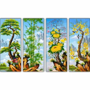 Bộ Tranh Canvas Phong Thủy Tứ Quý Bốn Mùa: Tùng - Trúc - Cúc - Mai