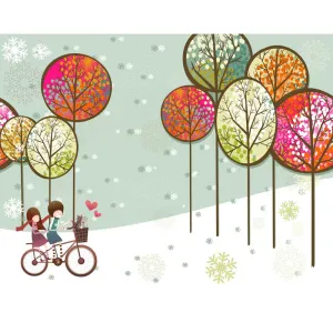Tranh In Canvas Cặp Đôi Đạp Xe Dưới Tuyết Mùa Đông Dễ Thương
