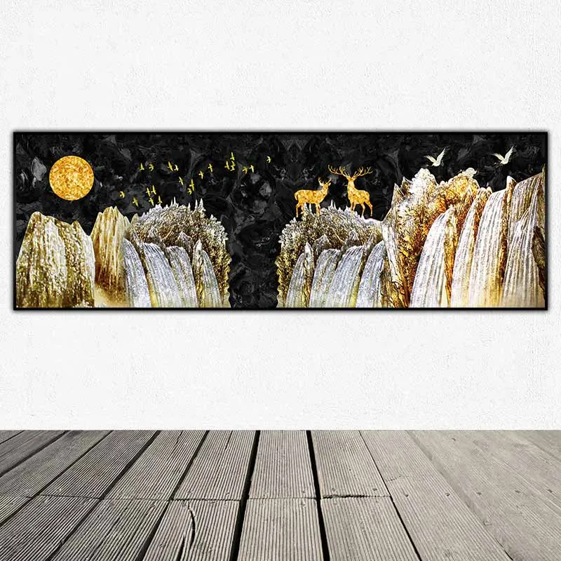 Tranh đôi hươu nai vàng đứng trên ngọn núi trừu tượng