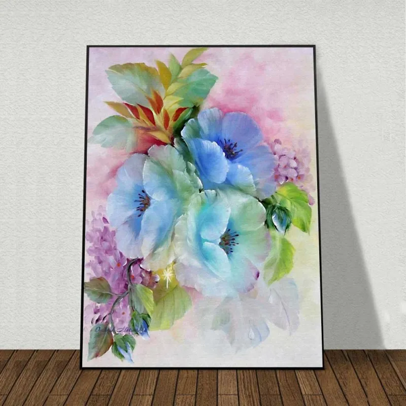 Tranh hoa nemophila và cẩm tú cầu