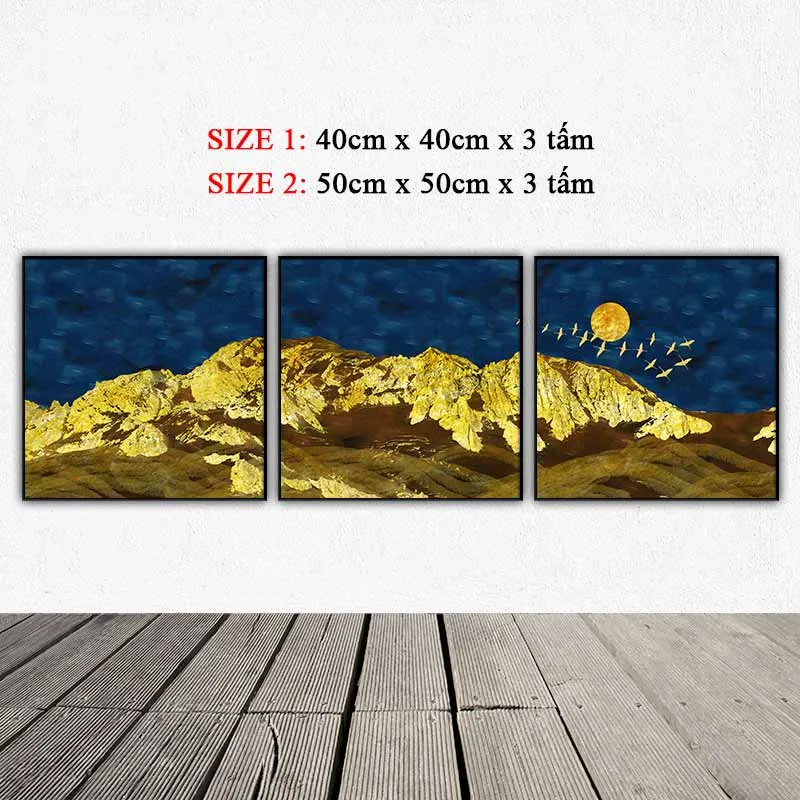 Tranh phong cảnh đồi núi vàng với nền trời xanh tối và đàn chim bay ngang qua mặt trăng