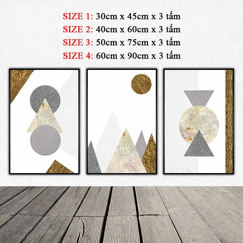 Tranh phong cảnh núi đồi mặt trời trừu tượng các hình tam giác và hình tròn