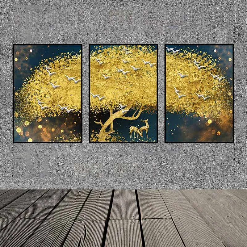 Tranh phong thủy đàn nai đứng dưới tán cây lá vàng