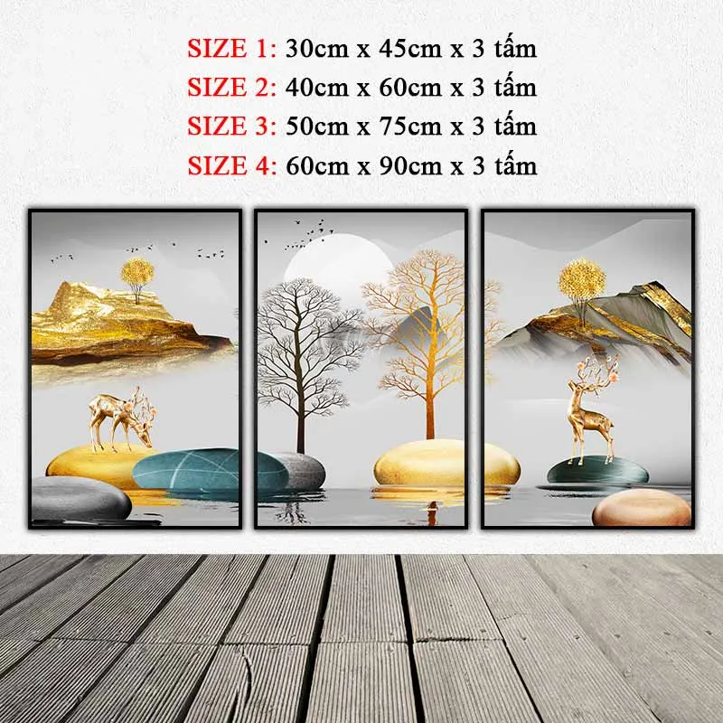 Tranh đàn nai vàng đang đứng trên các tảng đá phong thủy