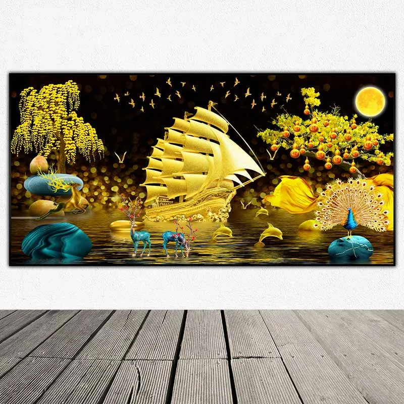 Tranh phong thủy thuyền buồm và các loài vật phong thủy, chim công, cá heo, hươu nai, trái hồ lô