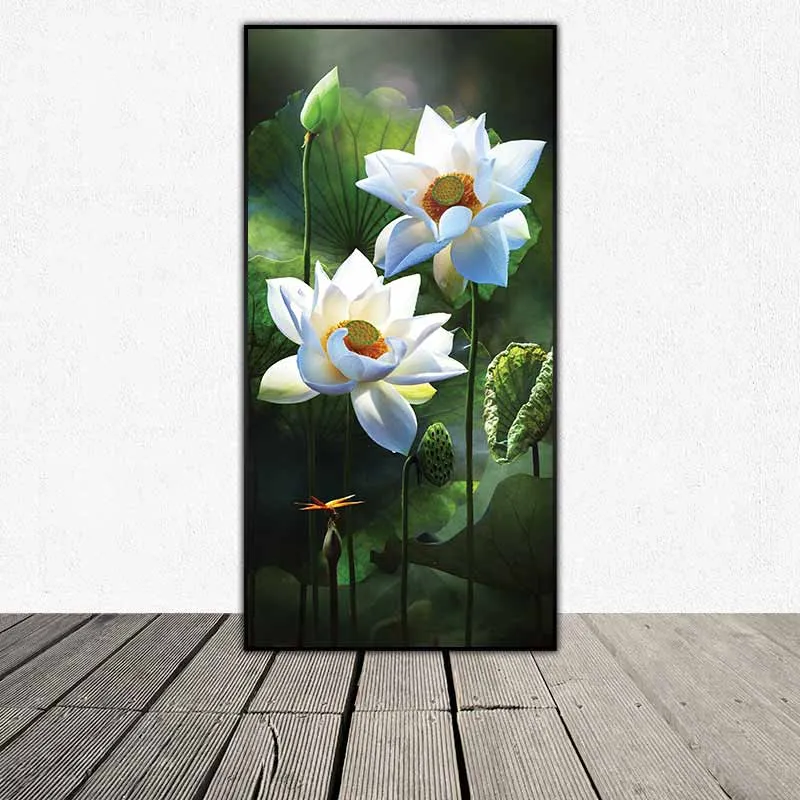 Tranh hoa sen trắng và con chuồn chuồn ớt