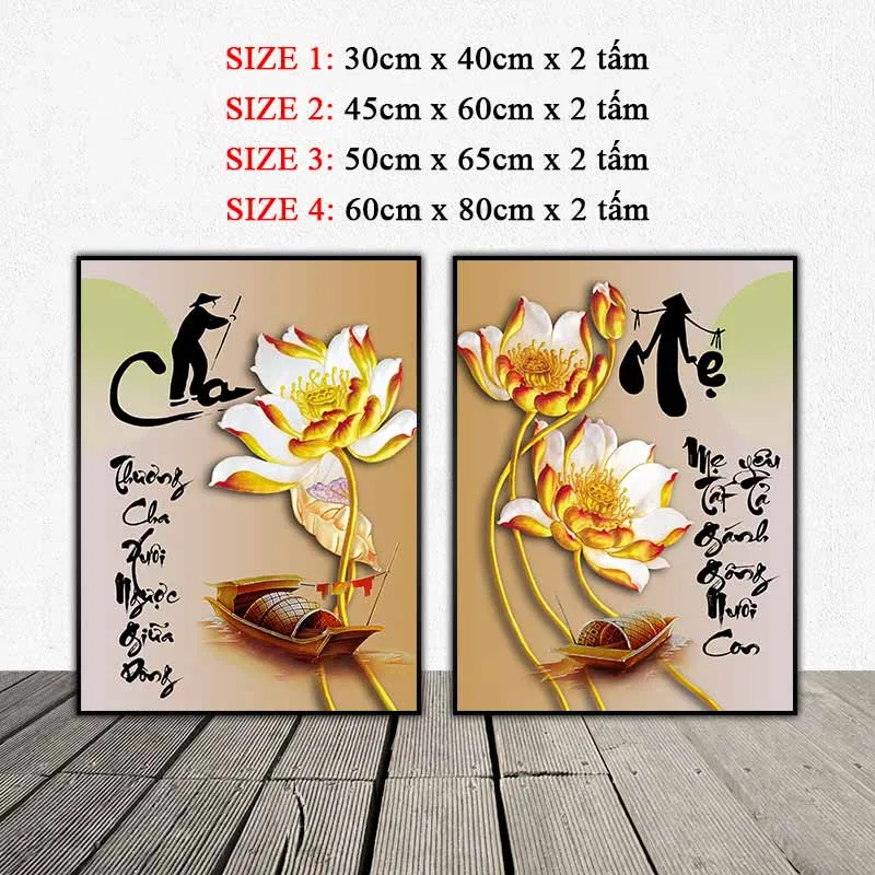 Tranh hoa sen và thư pháp ơn nghĩa cha mẹ