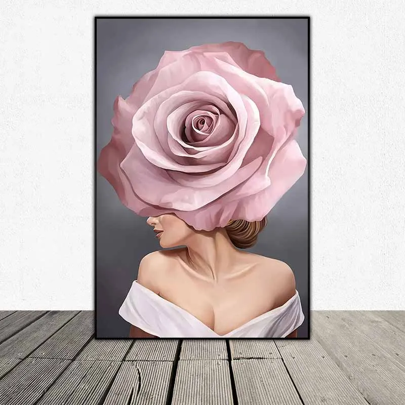 Tranh chân dung cô gái và hoa hồng lớn che khuôn mặt