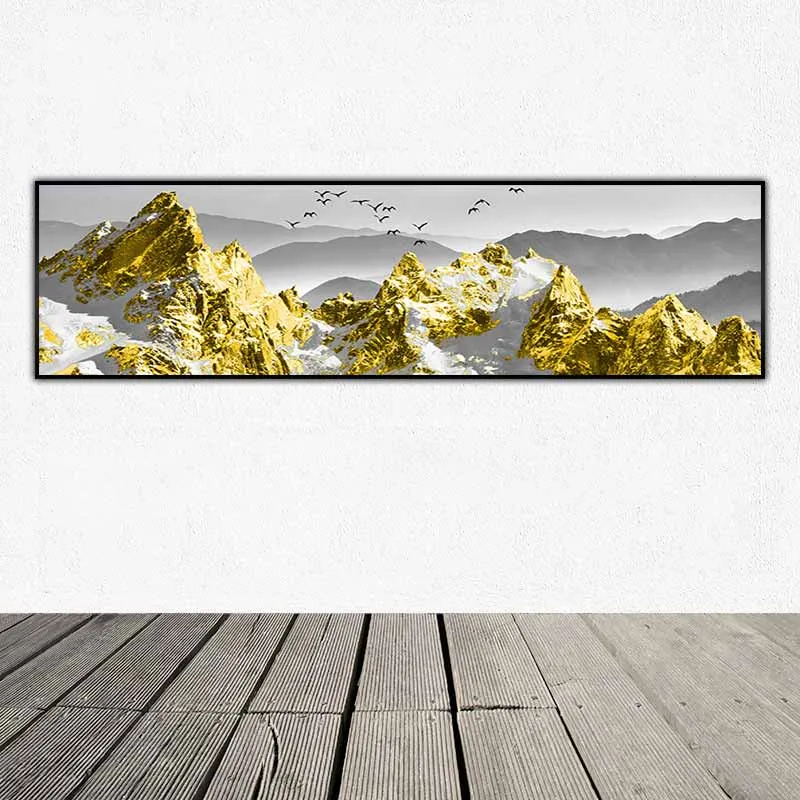 Tranh đồi núi vàng trừu tượng và đàn chim