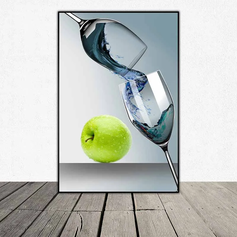 Tranh trang trí hiện đại ly nước cam đĩa trứng ốp la và quả táo xanh