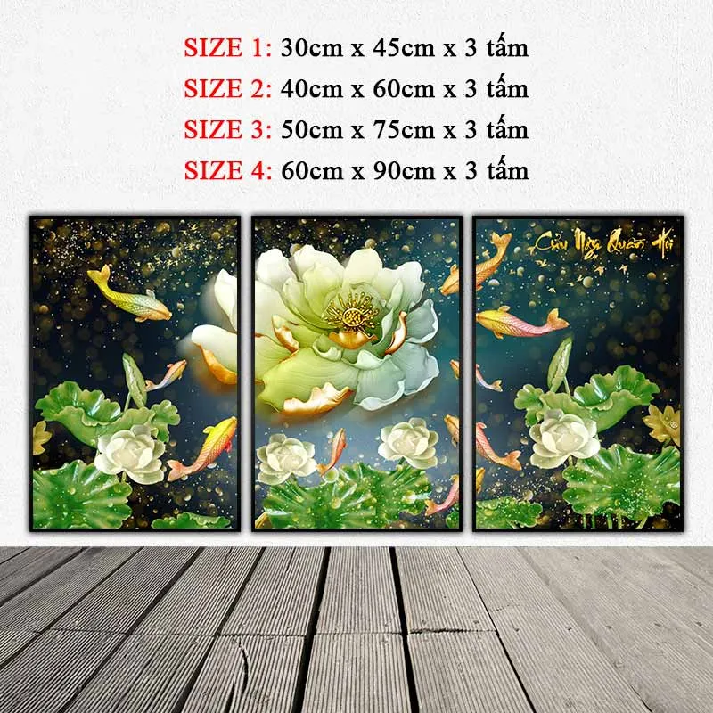Tranh cửu ngư quần hội và hoa sen 3D giả ngọc