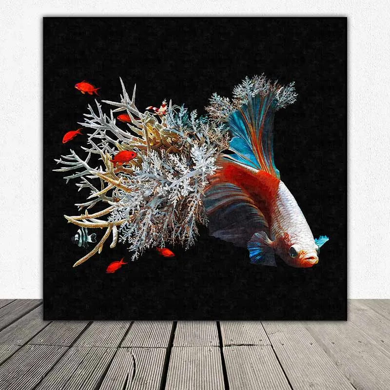Tranh cá phướng, cá xiêm, cá đá, cá chọi, cá beta trừu tượng có đuôi là những rạn san hô và những và đàn cá nhỏ