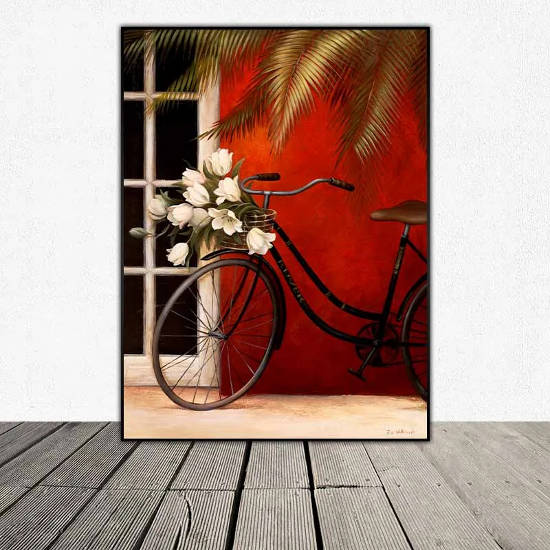 Tranh xe đạp với chùm hoa trắng ở phía trước