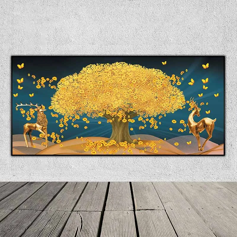 Tranh đôi nai và cây đồng tiền vàng tài lộc