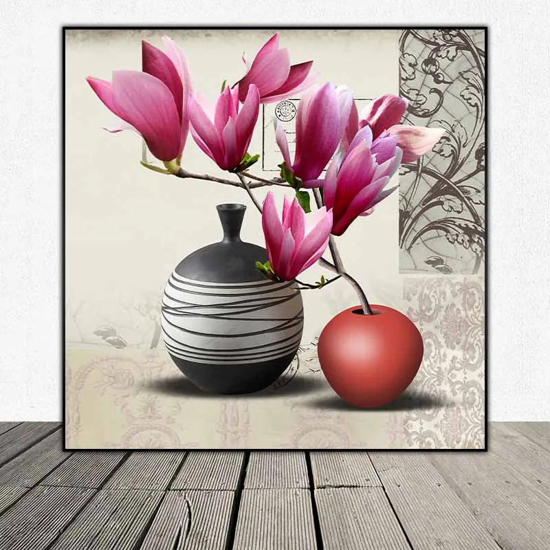 Tranh tĩnh vật bình hoa Mộc Lan trên nền theo phong cách Vintage