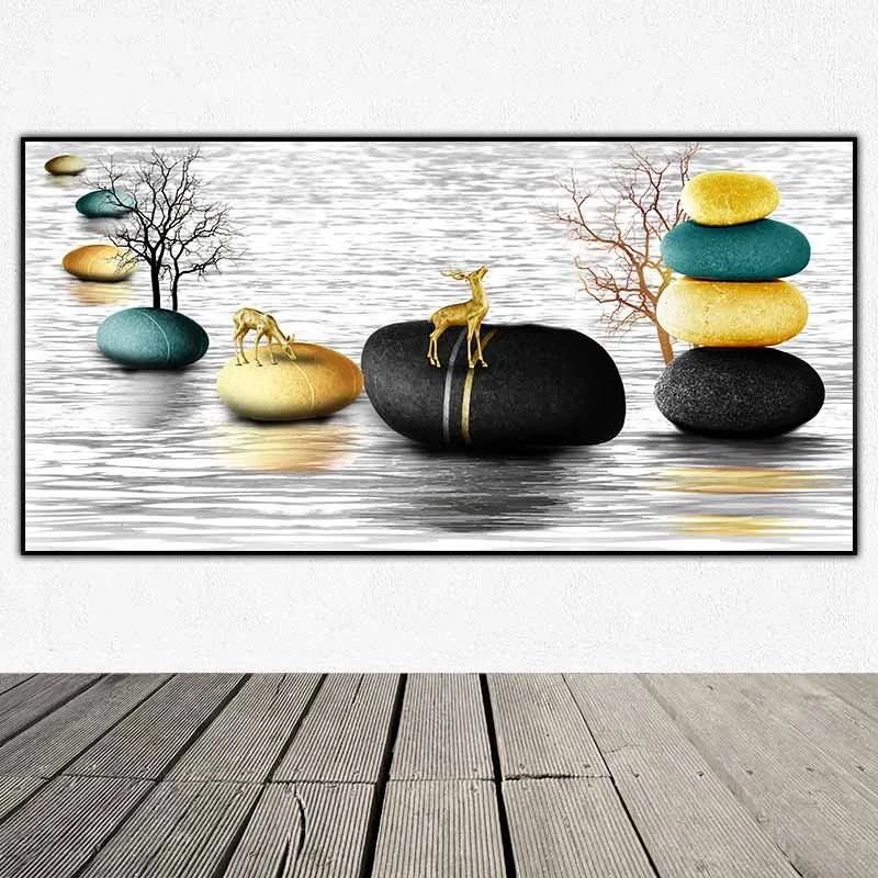 Tranh con nai đứng trên những tảng đá phong thủy