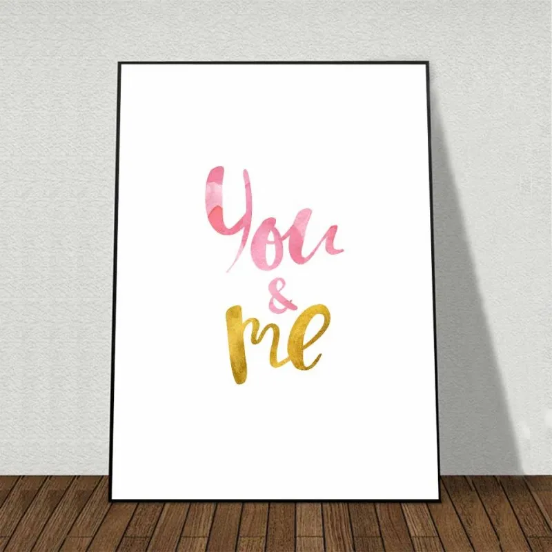 Tranh canvas Scandinavian mèo, bóng bay trái tim, cô gái cầm hoa và chữ You and Me