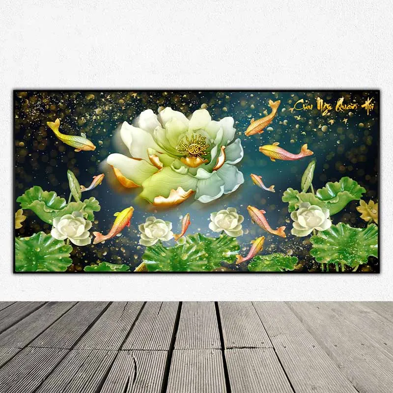 Tranh cửu ngư quần hội và hoa sen 3D giả ngọc