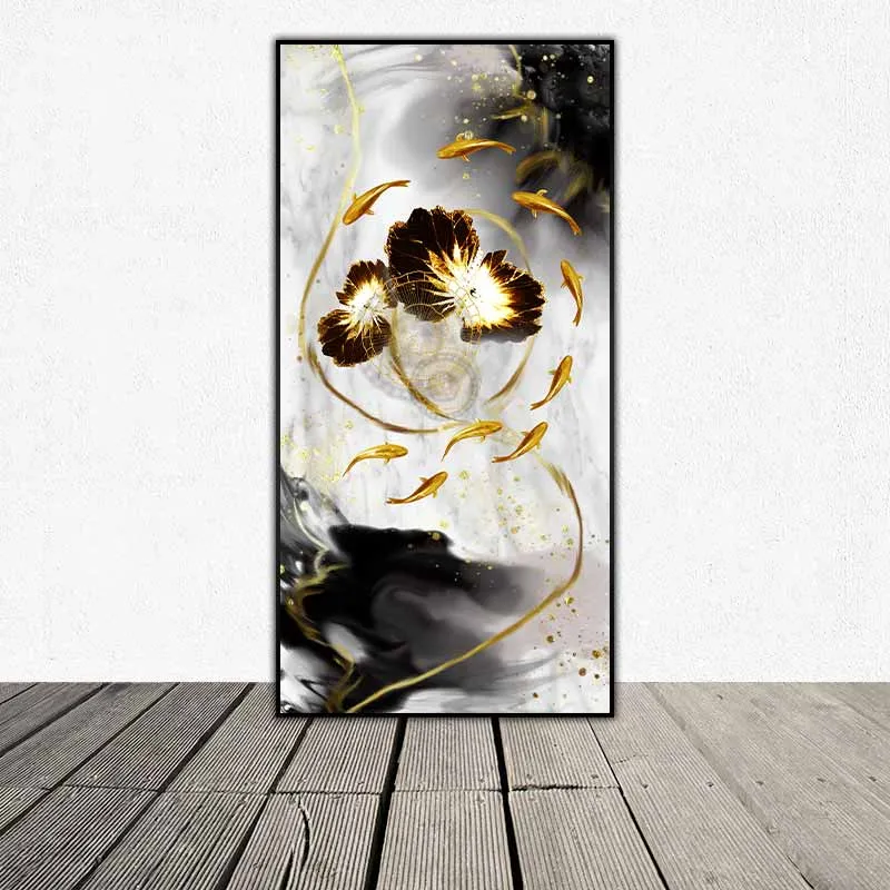 Tranh cửu ngư quần hội và hoa sen trừu tượng