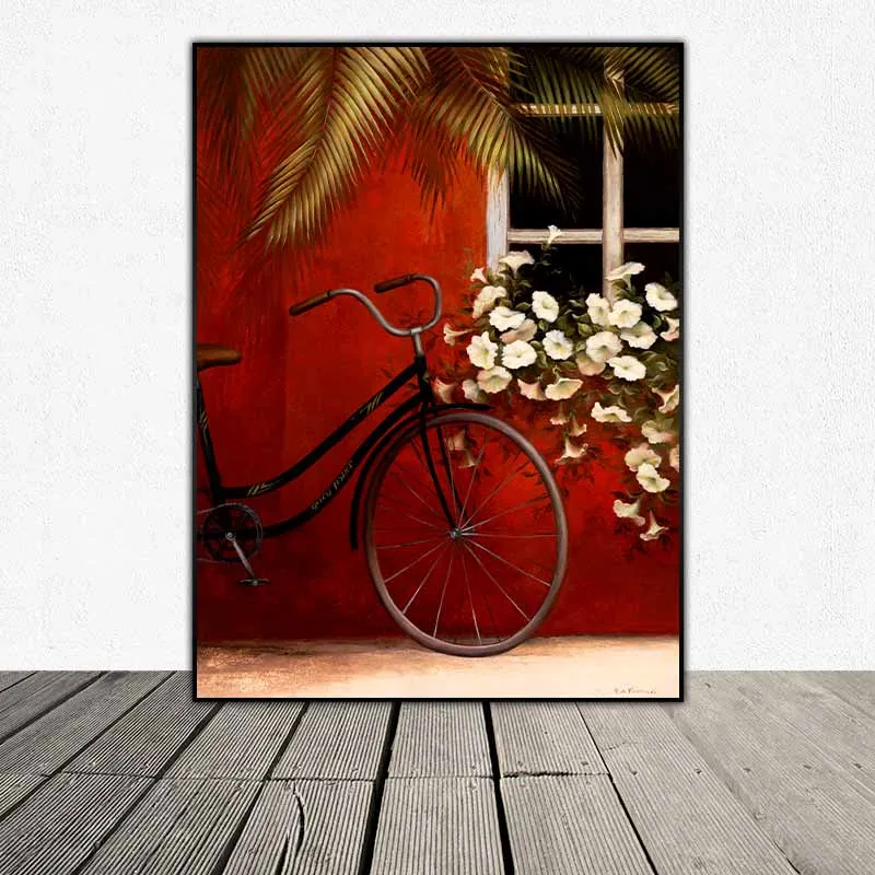 Tranh xe đạp với chùm hoa trắng ở phía trước