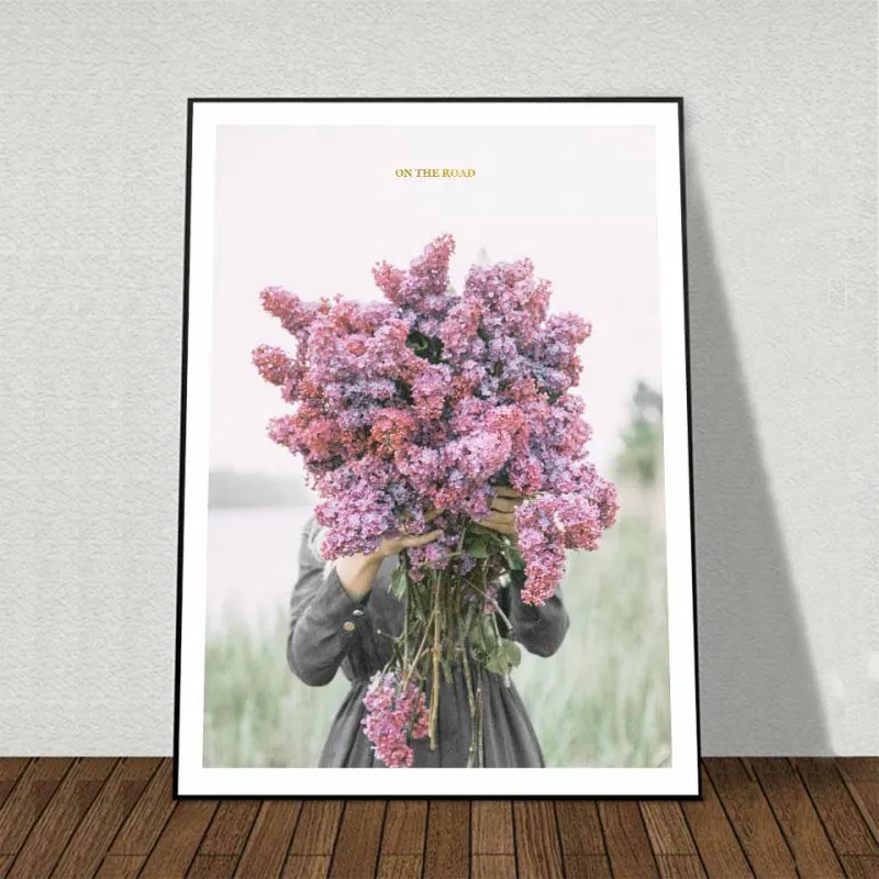 Tranh canvas Scandinavian mèo, bóng bay trái tim, cô gái cầm hoa và chữ You and Me